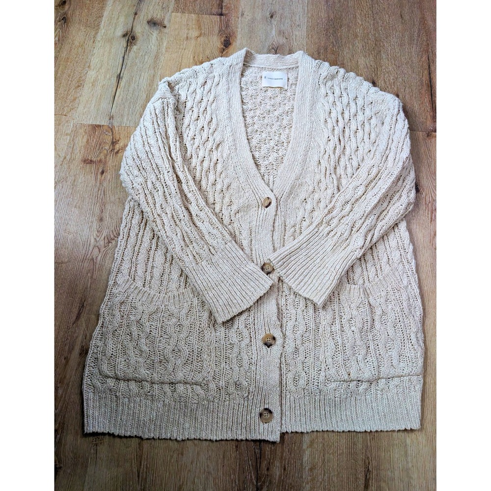 Lucky Brand Beige Cable Knit Button Front V-Neck Cardigan Sweater Womens L